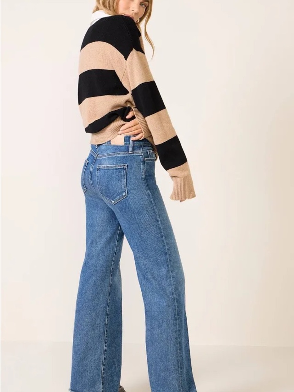 PAIGE Anessa 31” long Wide-Leg High-Rise Jeans in Medium Blue Raw Fray Hem - Picture 9 of 10
